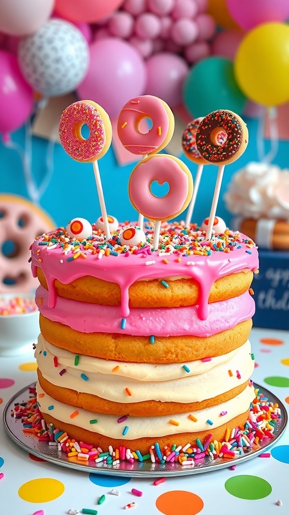 Donut-Themed Birthday Cake Recipe A colorful donut-themed birthday cake with buttercream frosting and sprinkles, topped with donut-shaped cake pops.